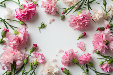 Frame Of Carnations On White Background, Lots Of Space Inside
