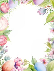 Easter watercolor frame with eggs and spring flowers. Easter background with copy space.