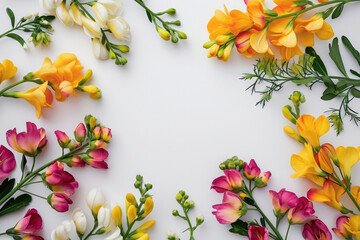 Freesia-Themed Frame On White Background, Abundant Space For Content