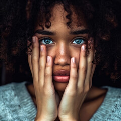 Portrait eines dunkelhäutigen Mädchens mit blauen Augen - obrazy, fototapety, plakaty