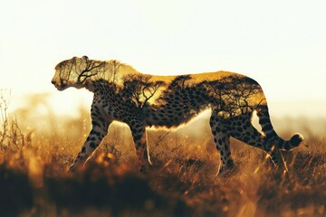Creative photo poster with full body side silhouette of cheetah with double exposure of African savanna in silhouette - obrazy, fototapety, plakaty