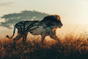 Foto op Aluminium Creative photo poster with full body side silhouette of lion with double exposure of african savanna in silhouette © Olena