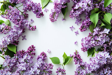Fototapeta na wymiar Frame Of Lilacs On White Background, Lots Of Space Inside
