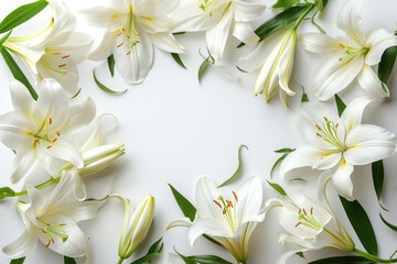 Fototapeta premium Frame Of Lilies On White Background, Lots Of Space Inside