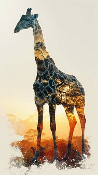 Creative photo poster with full body side silhouette of giraffe with double exposure of African savanna in silhouette. Vertical image