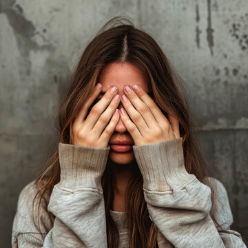 Junge Frau deckt sich mit den H&auml;nden die Augen zu
