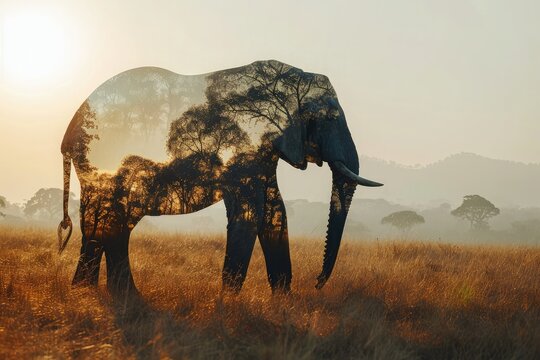 Creative photo poster with full body side silhouette of elephant with double exposure of african savanna in silhouette