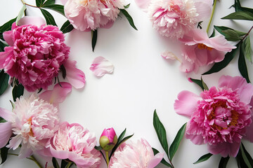 White Background With A Generous Frame Of Peonies, Ample Space To Fill
