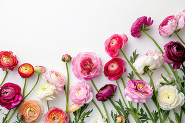 Blank Canvas: Frame Of Ranunculus Blooms Against A Clean White Background