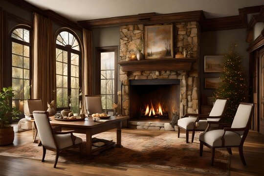 Craft a captivating image capturing the essence of a tranquil retreat, centered around an impeccably detailed fireplace.


