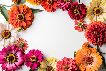 Fototapeta premium Bordered By White Space: Zinnias Take Center Stage