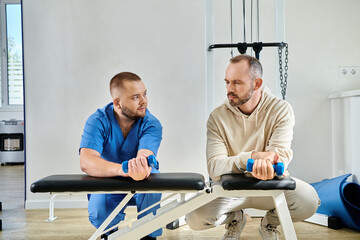 young doctor and bearded man exercising with dumbbells in gym of kinesio center, recovery training