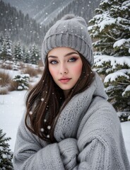 illustration of a portrait of a beautiful young woman in winter clothes, in a snowy landscape