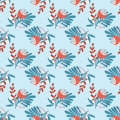 Seamless floral pattern with flower bouquets. Beautiful Summer blossom background. Naive art plants. Perfect for fabric design, wallpaper, wrapping paper. Hand drawn vector illustration.