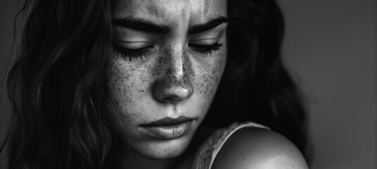 Monochrome image of a woman in tears with copy space