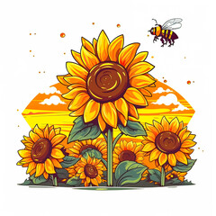 Sunflower illustration with bees on a white background. A vibrant stock image capturing the beauty of nature and pollination in artistic detail.