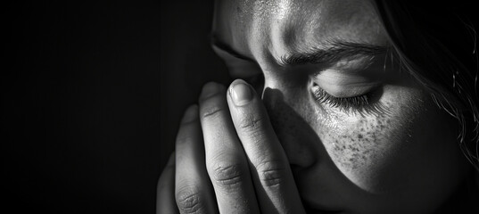 Monochrome image of a woman in tears with copy space
