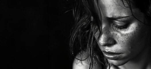 Monochrome image of a woman in tears with copy space