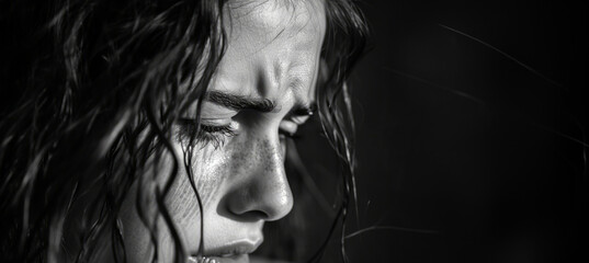 Monochrome image of a woman in tears with copy space