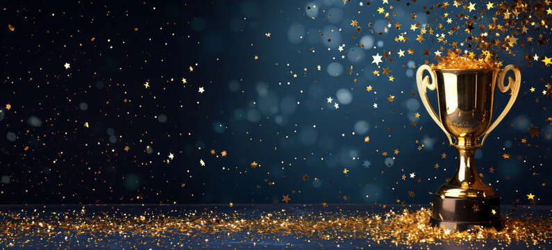 Golden victory trophy and golden stars with copy space