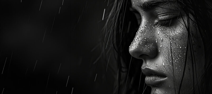 Monochrome image of a woman in tears with copy space - Powered by Adobe