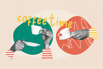 Creative drawing collage picture of hands hold cups coffee time pause restaurant enjoy breakfast bizarre unusual fantasy billboard comics