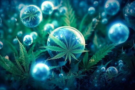 Cannabis leaves amidst soap bubbles, a surreal and vibrant composition. A captivating stock photo blending nature and whimsy in a unique visual.