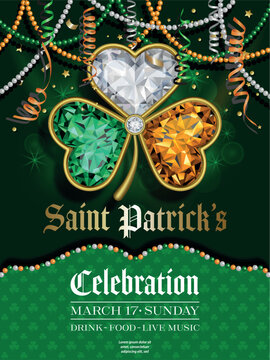 st patrick day background with diamond shamrock, streamers and beads. st. patrick's day party flyer 