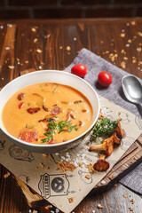 cheese soup with bacon and shrimp, chanterelle mushrooms, dark and moody, top new