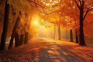 autumn in the forest, Autumn forest path. Orange color tree, red brown maple leaves in fall city park. Nature scene in sunset fog Wood in scenic scenery Bright light sun Sunrise of a sunny day