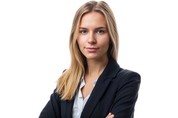 Blonde businesswoman in a suit, confident expression, white background