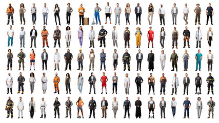Collection mega bundle of various people workers men and women isolated cut-out on transparent white - obrazy, fototapety, plakaty