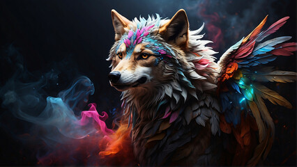wolf with colorful wings on dark background - obrazy, fototapety, plakaty
