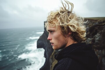 Blonde man with windswept hair on a rugged cliff