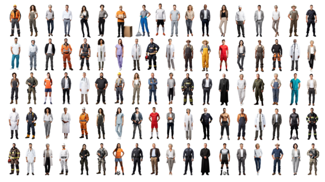 Collection mega bundle of various people workers men and women isolated cut-out on transparent white