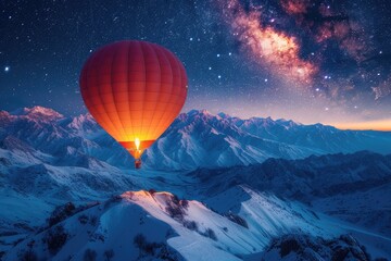 A large hot air balloon filled with hot air flies through a starry sky. Travelers in a suspended basket see a mountainous landscape.