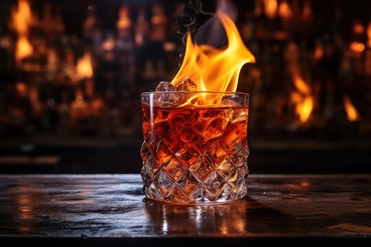 burning cocktail with whisky and ice at a bar. Art of mixology.