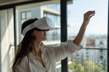 A young woman wearing augmented reality goggles inside a virtual apartment. A young woman looking at a property immersed in the digital world.