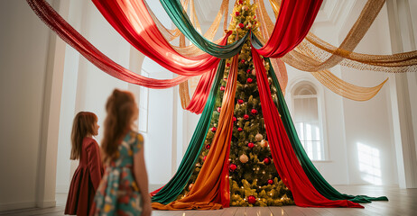 Fictitious event - lengths of fabric hang from the ceiling of a white historical building and form a canopy. Underneath is a Christmas tree. 2 children stand at the entrance and marvel.