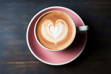 cappuccino in pink cup with latte art heart view from above. Specialty coffee.