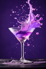 purple violet cocktail in martini glass with splashes creative bar poster - obrazy, fototapety, plakaty