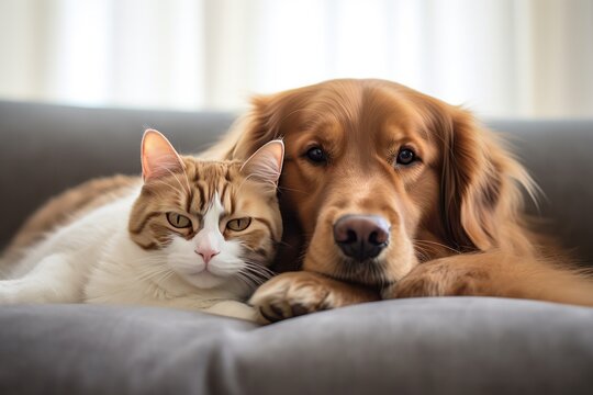 heartwarming photo of golden retriever and cat lying on a couch or sofa. Animal friendship. 
