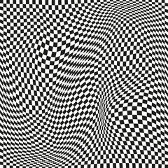 Seamless checkered pattern. Distorted optical illusion banner. Op art checkered curved pattern.
