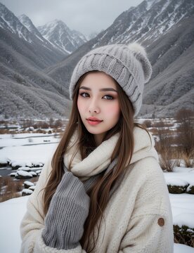 illustration of a portrait of a beautiful young woman in winter clothes, in a snowy landscape