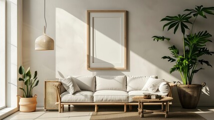 Mock up frame in home interior background, beige room with minimal decor.