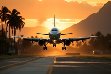 Sunset landing of airplane on runway, palm trees and majestic mountains. Serene travel concept