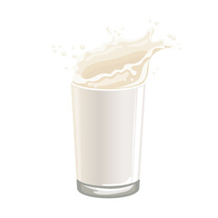 Glass with milk and milk splash on a white background. Healthy drink icon, illustration, vector