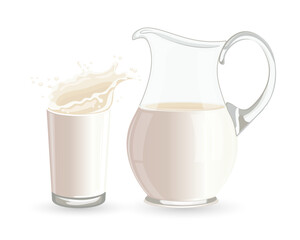 A jug of milk and a glass of milk on a white background. Healthy drink illustration, vector