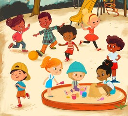 Children playing on park playground. Playground with kids. Group of kids playing on playground spending time in games, having fun, fooling around. Summer activities