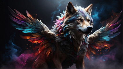 wolf with colorful wings on dark background